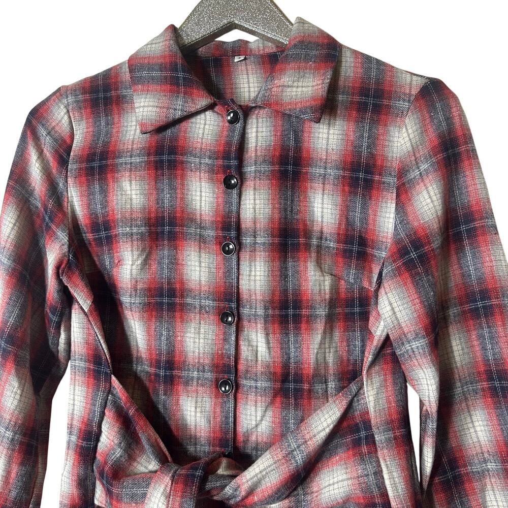 Halara Tie Front Long Sleeve Red Plaid Mini Casual Dress NEW - Picture 3 of 7